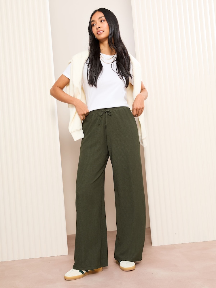 Friends Like These Khaki Green Crinkle Jersey Wide Leg Trousers - Image 4 of 4