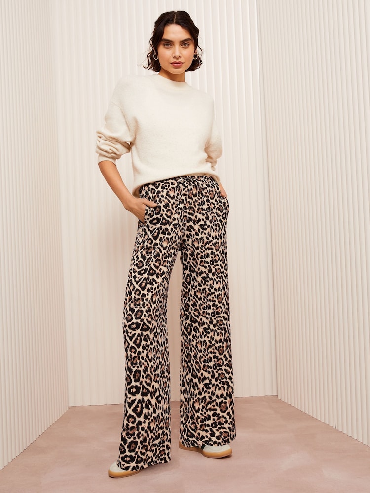 Friends Like These Brown Animal Print Crinkle Jersey Wide Leg Trousers - Image 4 of 4