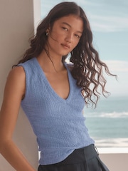 Blue Sleeveless Textured V-Neck Tank Top - Image 1 of 8