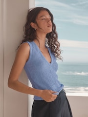 Blue Sleeveless Textured V-Neck Tank Top - Image 3 of 8