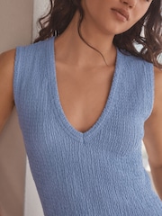 Blue Sleeveless Textured V-Neck Tank Top - Image 5 of 8