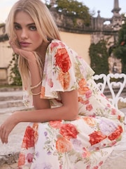 Lipsy White Floral Printed Chiffon Flutter Sleeve Woven Midi Dress - Image 1 of 4