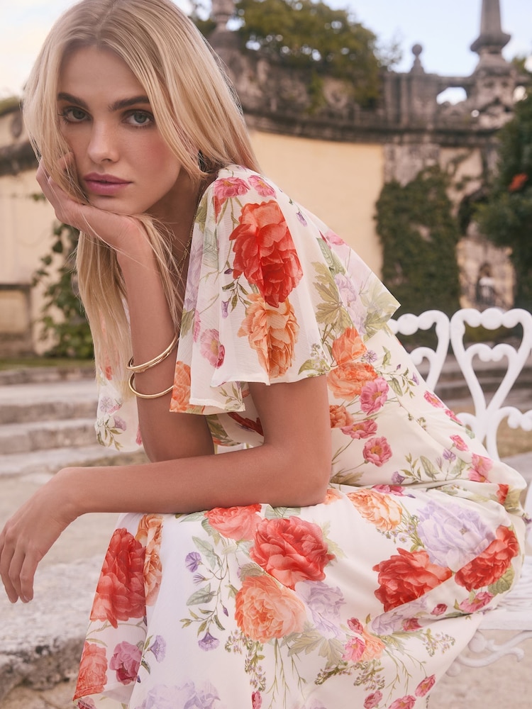 Lipsy White Floral Printed Chiffon Flutter Sleeve Woven Midi Dress - Image 1 of 4