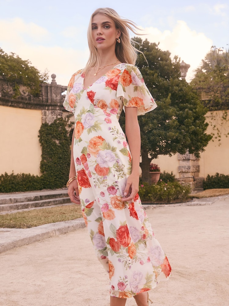 Lipsy White Floral Printed Chiffon Flutter Sleeve Woven Midi Dress - Image 2 of 4