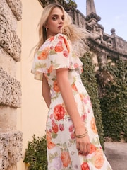 Lipsy White Floral Printed Chiffon Flutter Sleeve Woven Midi Dress - Image 3 of 4