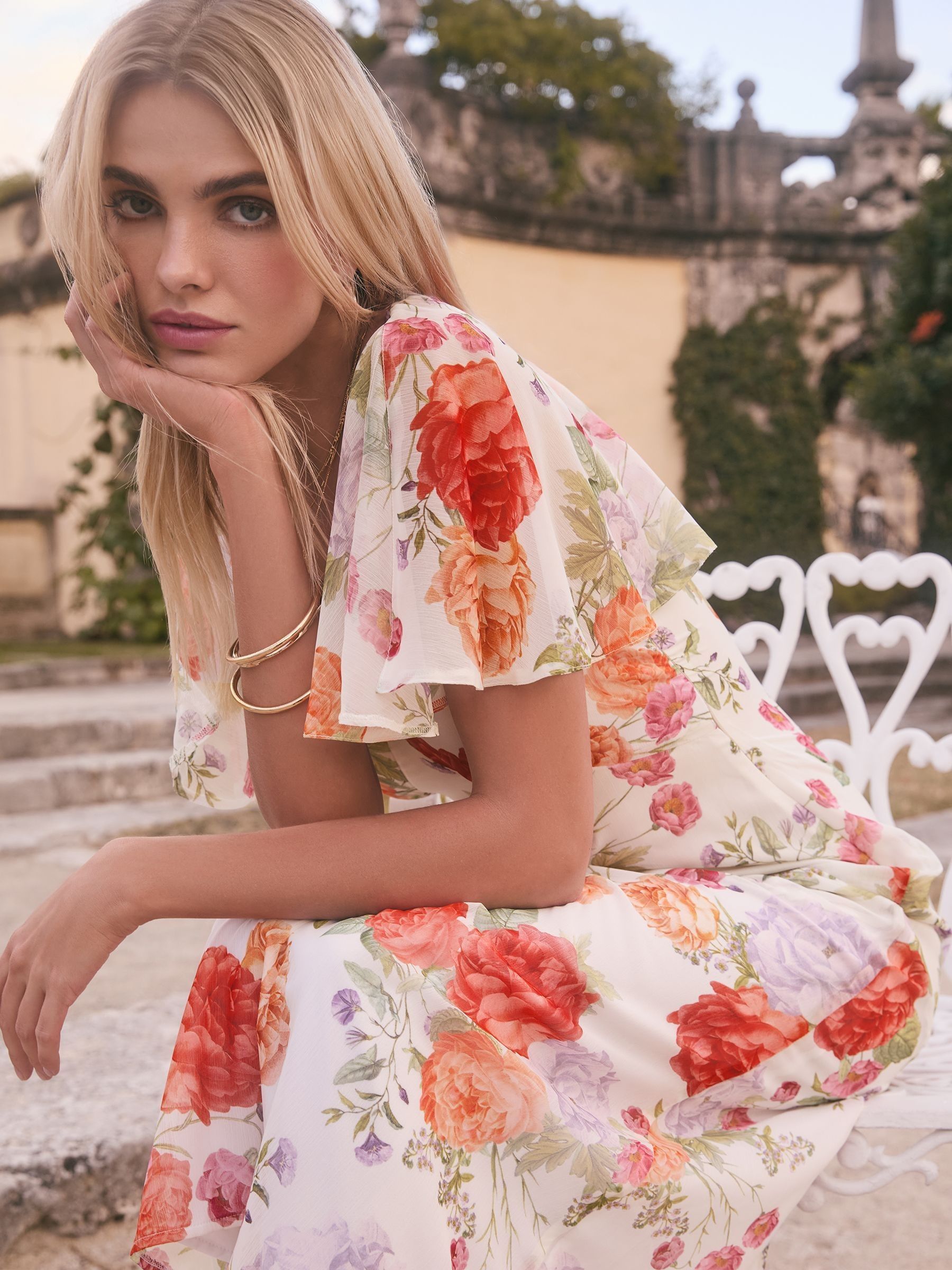 Buy Lipsy White Floral Printed Chiffon Flutter Sleeve Woven