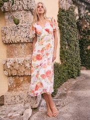 Lipsy White Floral Printed Chiffon Flutter Sleeve Woven Midi Dress - Image 4 of 4