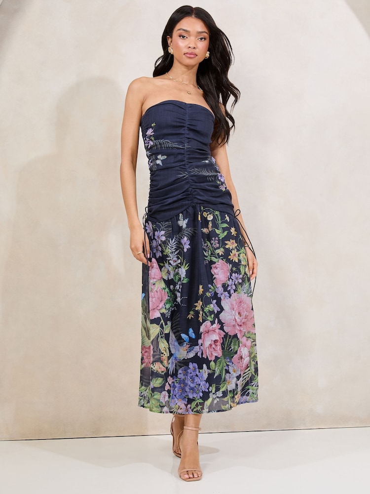 Lipsy Navy Floral Ruched Front Bandeau Midi Dress with Removable Straps - Image 1 of 4