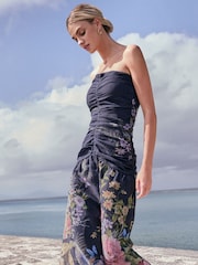 Lipsy Navy Floral Ruched Front Bandeau Midi Dress with Removable Straps - Image 2 of 4