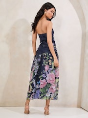 Lipsy Navy Floral Ruched Front Bandeau Midi Dress with Removable Straps - Image 4 of 4