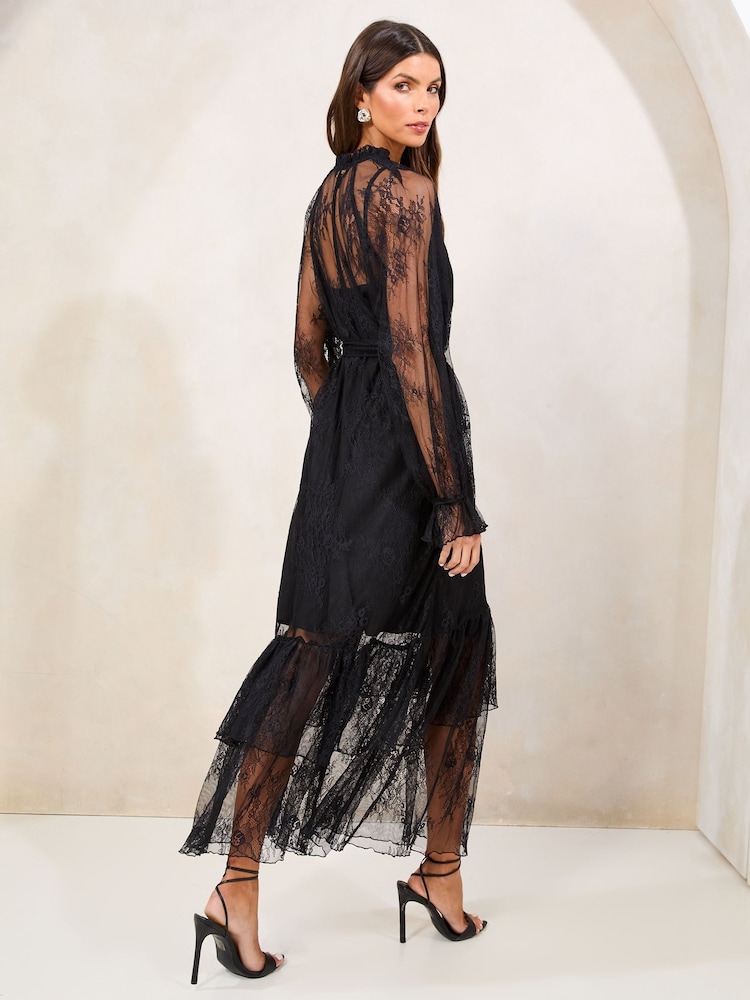 Lipsy Black Lace Ruffle Long Sleeve Midi Dress - Image 4 of 4