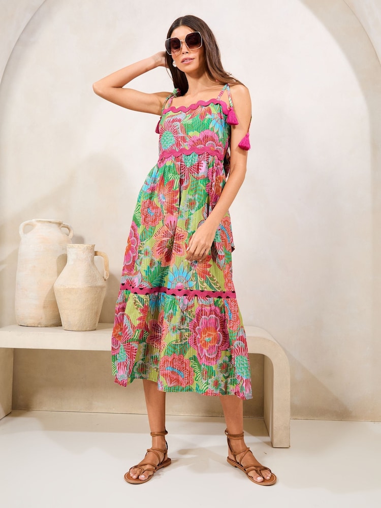 Lipsy Pink Floral Metallic Petite Printed Ric Rac Trim Cami Midi Dress ' - Image 1 of 4 Lipsy Pink Floral Metallic Petite Printed Ric Rac Trim Cami Midi Dress ' - Image 1 of 4