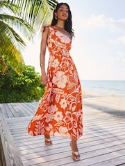 Lipsy Orange Floral Petite Printed One Shoulder Maxi 100% Cotton Dress - Image 1 of 4
