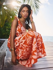 Lipsy Orange Floral Petite Printed One Shoulder Maxi 100% Cotton Dress - Image 3 of 4