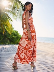 Lipsy Orange Floral Petite Printed One Shoulder Maxi 100% Cotton Dress - Image 4 of 4