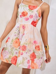 Lipsy White Floral Print Linen Look Mini Cami Prom Dress - Image 2 of 4
