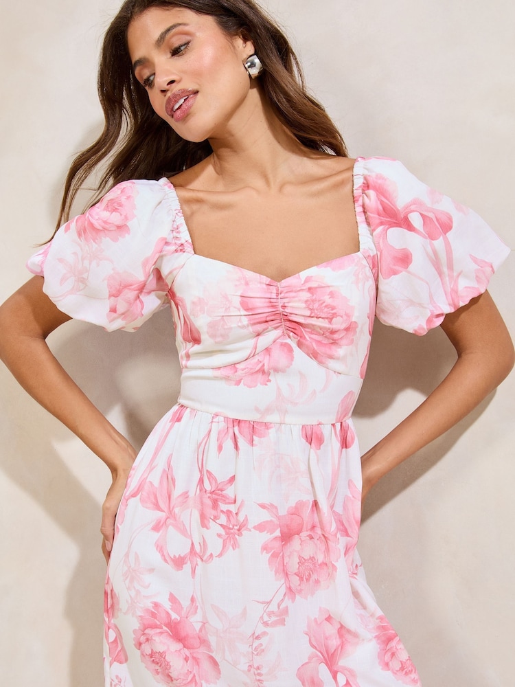 Lipsy Pink Floral Linen Look Puff Sleeve Midi Dress - Image 4 of 4