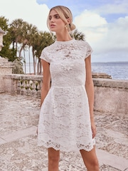 Lipsy White Petite Lace Short Sleeve Lantern Mini Dress - Image 1 of 4