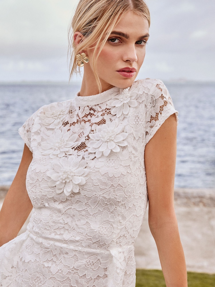 Lipsy White Petite Lace Short Sleeve Lantern Mini Dress - Image 2 of 4
