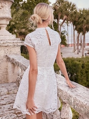 Lipsy White Petite Lace Short Sleeve Lantern Mini Dress - Image 4 of 4