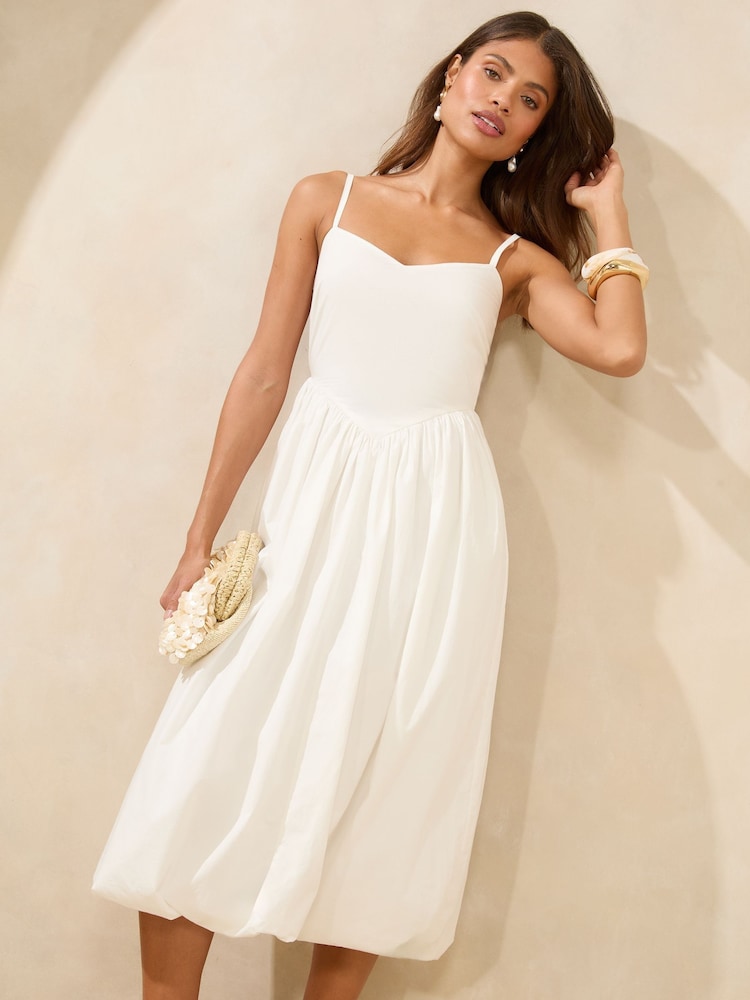 White 100% Cotton Sweetheart Neck Cami Puffball Midi Dress - Image 1 of 4