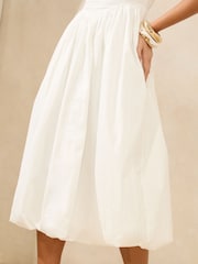 White 100% Cotton Sweetheart Neck Cami Puffball Midi Dress - Image 2 of 4