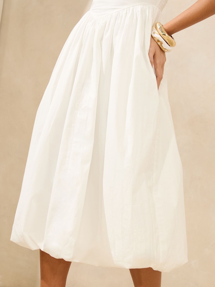 White 100% Cotton Sweetheart Neck Cami Puffball Midi Dress - Image 2 of 4