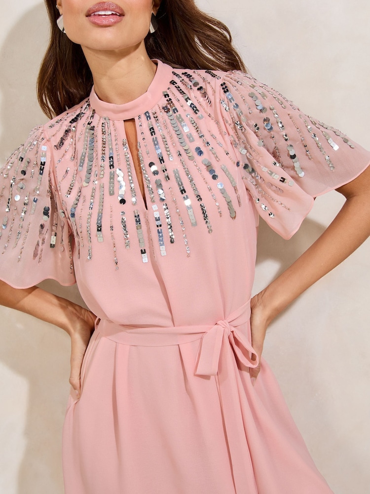 Lipsy Pink Scatter Sequin Short Sleeve Shift Dress - Image 2 of 4