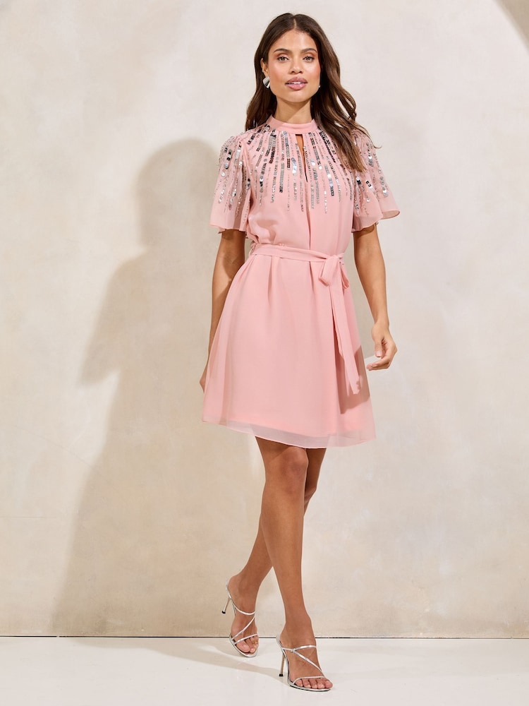 Lipsy Pink Scatter Sequin Short Sleeve Shift Dress - Image 3 of 4