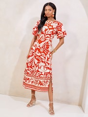 Lipsy Red Short Sleeve Gathered Waist Underbust Midi Dress - Image 1 of 5