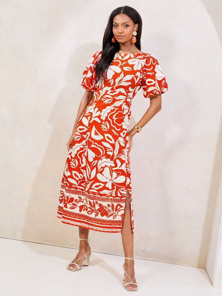 Lipsy Red Short Sleeve Gathered Waist Underbust Midi Dress - Image 1 of 5