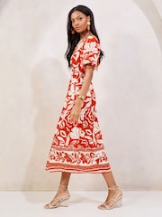 Lipsy Red Short Sleeve Gathered Waist Underbust Midi Dress - Image 4 of 5