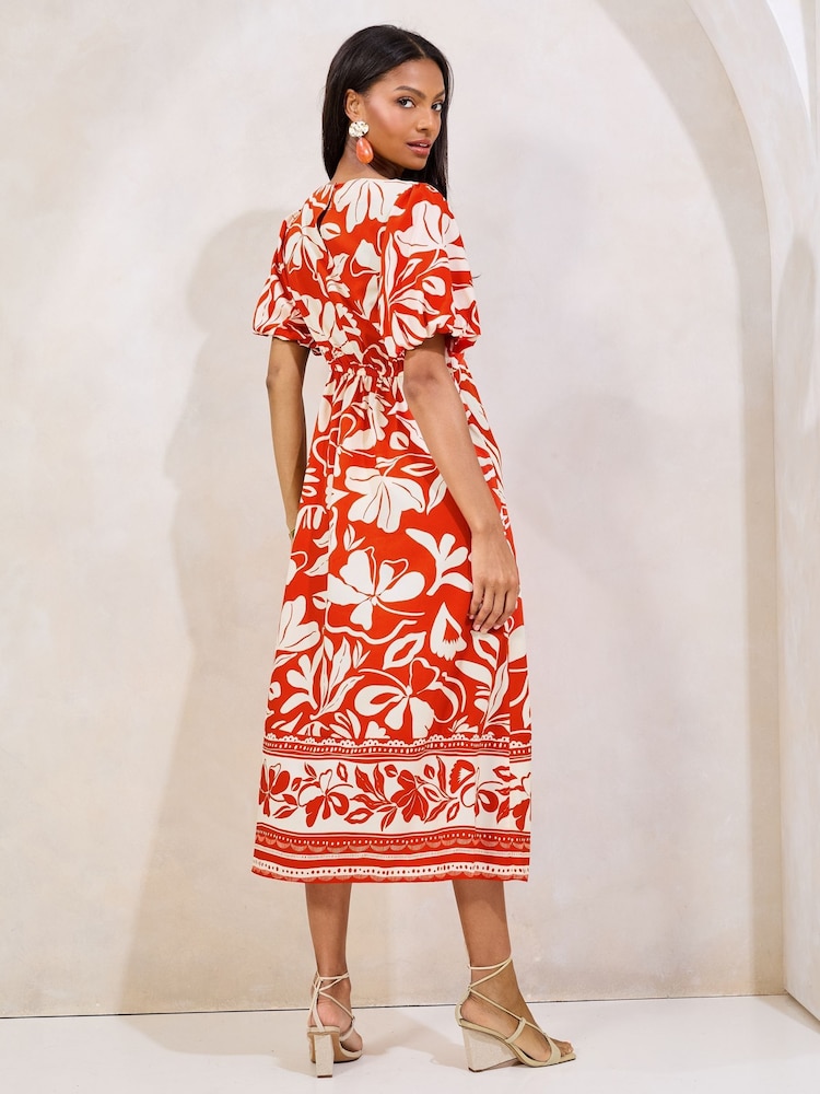 Lipsy Red Short Sleeve Gathered Waist Underbust Midi Dress - Image 5 of 5