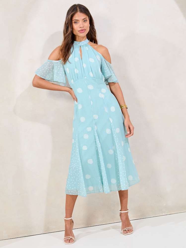 Lipsy Mint Green Polka Dot Petite Cold Shoulder Halter Neck Midi Dress - Image 1 of 4 Lipsy Mint Green Polka Dot Petite Cold Shoulder Halter Neck Midi Dress - Image 1 of 4
