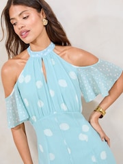 Lipsy Mint Green Polka Dot Petite Cold Shoulder Halter Neck Midi Dress - Image 2 of 4