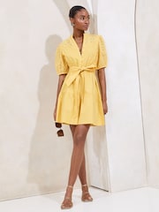 Lipsy Yellow Broderie Short Sleeve Mini Shirt Dress - Image 1 of 4