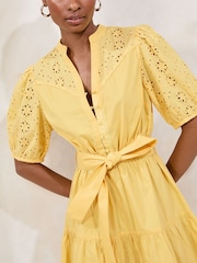 Lipsy Yellow Broderie Short Sleeve Mini Shirt Dress - Image 2 of 4