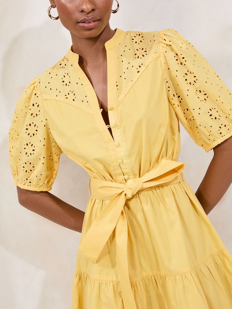 Lipsy Yellow Broderie Short Sleeve Mini Shirt Dress - Image 2 of 4