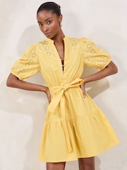 Lipsy Yellow Broderie Short Sleeve Mini Shirt Dress - Image 3 of 4
