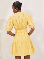 Lipsy Yellow Broderie Short Sleeve Mini Shirt Dress - Image 4 of 4