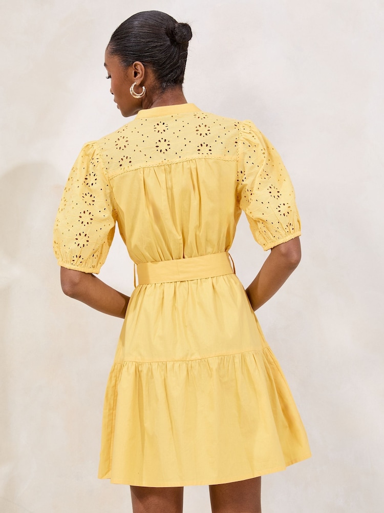 Lipsy Yellow Broderie Short Sleeve Mini Shirt Dress - Image 4 of 4
