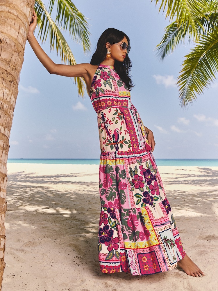 Lipsy Pink Postcard Printed Halter Neck Maxi Dress - Image 1 of 4