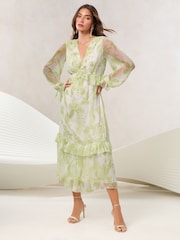 Lipsy Green Floral Floral Long Sleeve V-Neck Ruffle Midi Dress - Image 1 of 4