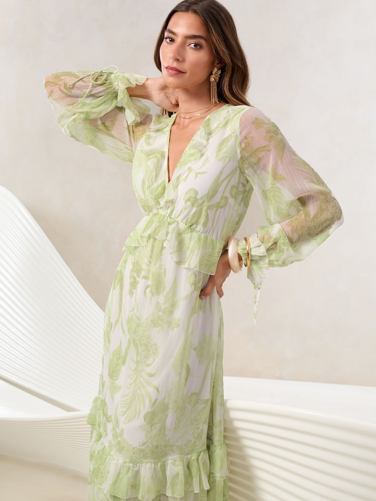 Lipsy Green Floral Floral Long Sleeve V-Neck Ruffle Midi Dress - Image 2 of 4
