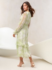 Lipsy Green Floral Floral Long Sleeve V-Neck Ruffle Midi Dress - Image 4 of 4