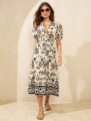 Lipsy Monochrome Print 100% Cotton Short Sleeve Poplin Midi Dress - Image 1 of 4