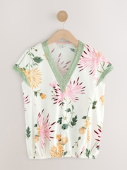 Kew Collection Ecru/Pink Print Short Sleeve Lace V-Neck Bubblehem 100% Cotton Top - Image 1 of 3
