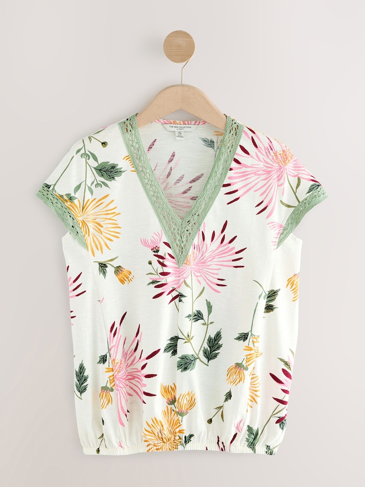 Kew Collection Ecru/Pink Print Short Sleeve Lace V-Neck Bubblehem 100% Cotton Top - Image 1 of 3