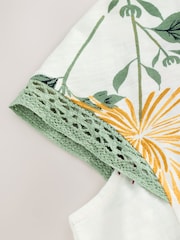 Kew Collection Ecru/Pink Print Short Sleeve Lace V-Neck Bubblehem 100% Cotton Top - Image 5 of 6