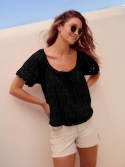 Black Broderie Boho Short Sleeve Ric Rac 100% Cotton Top - Image 1 of 6